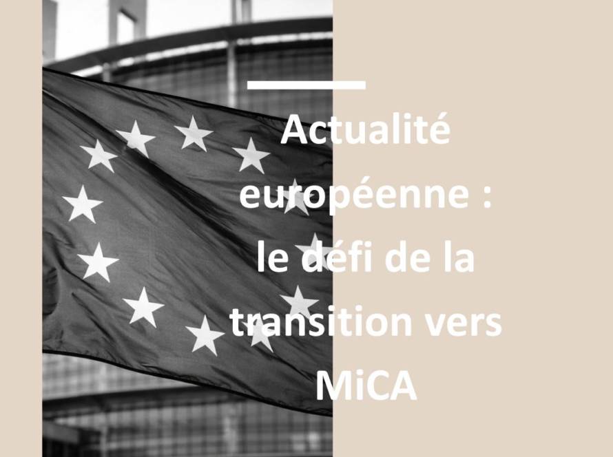 Drapeau européen en noir et blanc devant le Parlement européen – transition vers le règlement MiCA